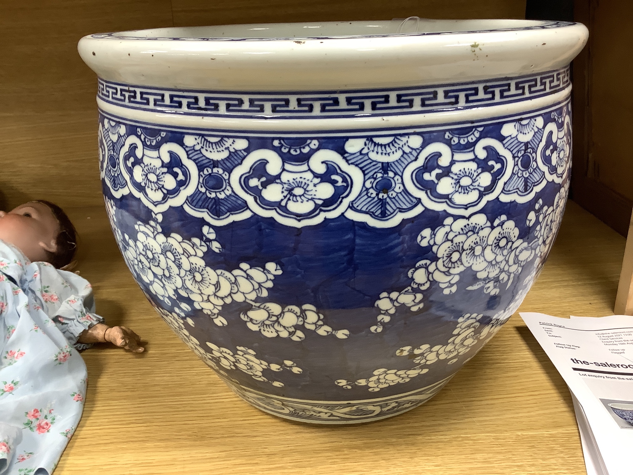 A Chinese blue and white prunus jardiniere, late 19th century, diameter 37.5cm